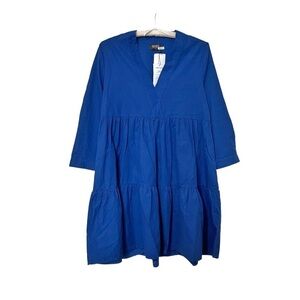 [NWT] Indigo Blue Long Sleeve V-Neck A-Line Tiered Cotton Babydoll Dress - Sz S